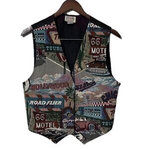 VTG 90s Tapestry Vest Unisex Large Route 66 Hot Rods Hollywood Travel USA